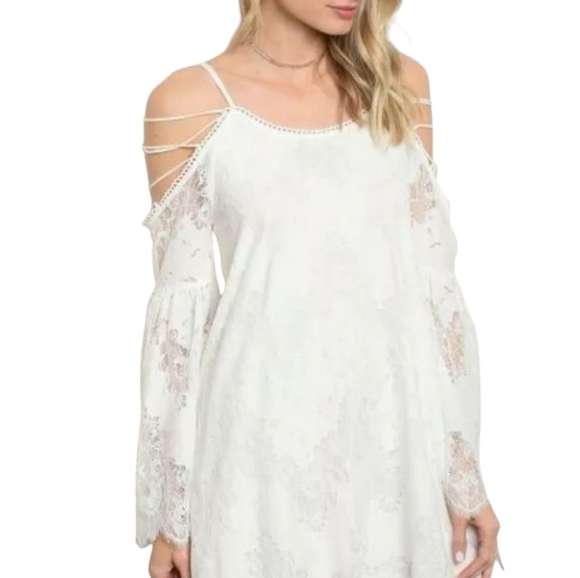 Boutique White Strappy Cold  Shoulder Lace Boho Shift Dress - Picture 3 of 10